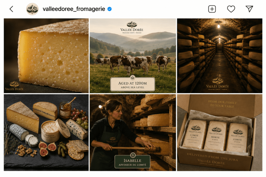 Vallée Dorée Instagram six post grid showing Comté interior macro mountain herd cave ageing rows styled cheese board Isabelle turning wheels and open subscription box in alpine green parchment and gold
