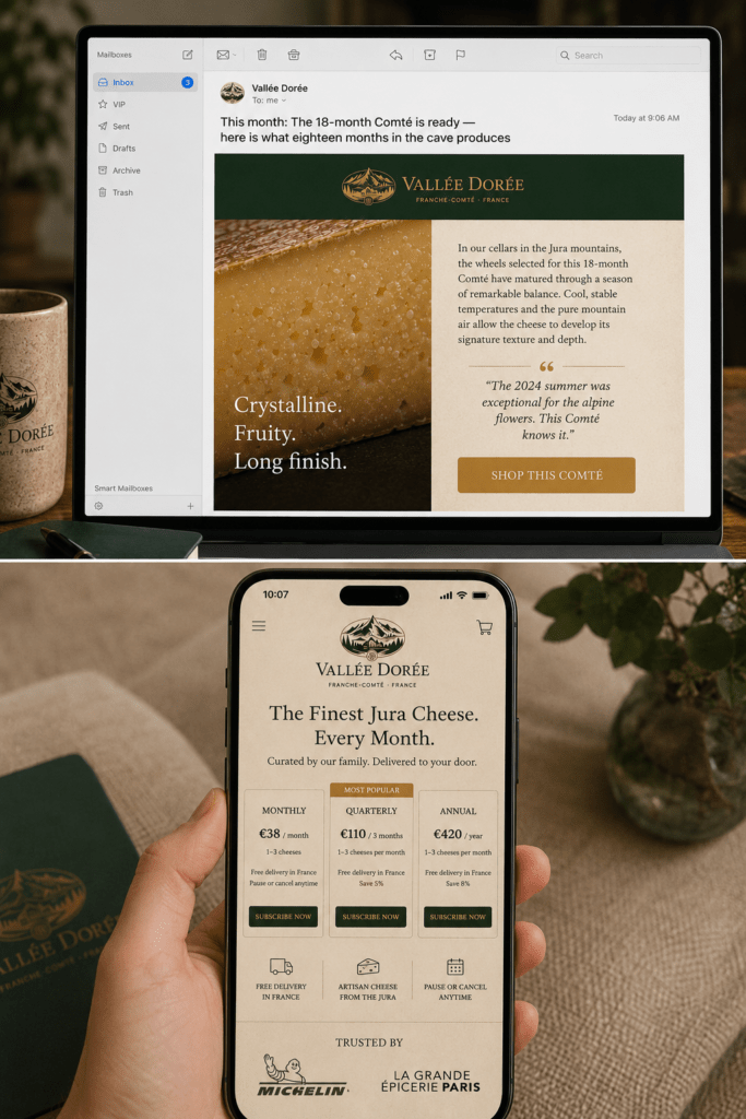 Vallée Dorée email newsletter on desktop showing 18-month Comté feature with flavour notes cave season story and shop CTA alongside cheese subscription landing page on iPhone with three tier options trust badges in parchment and alpine green