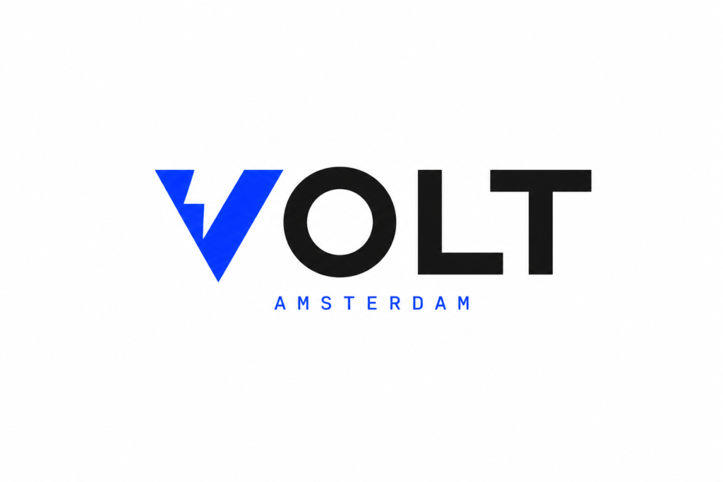 VOLT electric cobalt and obsidian precise geometric sans-serif logo with integrated voltage geometry for premium natural energy drink brand Amsterdam Netherlands