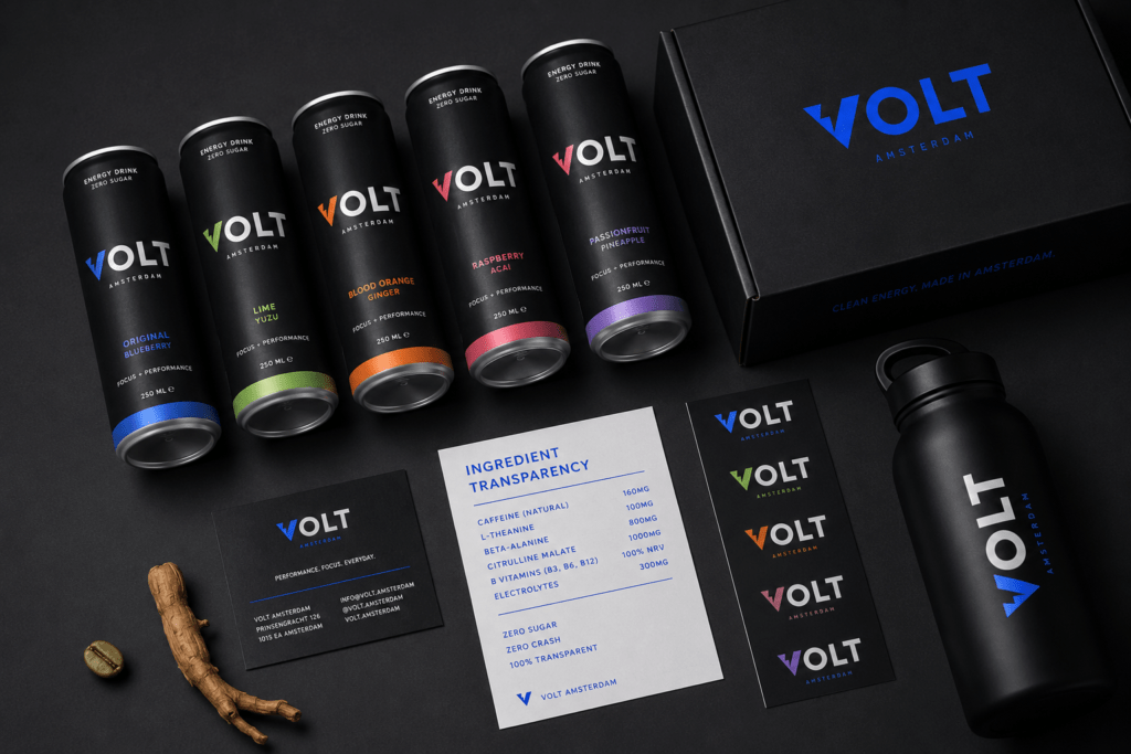 VOLT brand identity suite on matte black surface showing five flavour cans in diagonal lineup business card gym water bottle subscription box sticker sheet and ingredient transparency card with green coffee bean and ashwagandha root