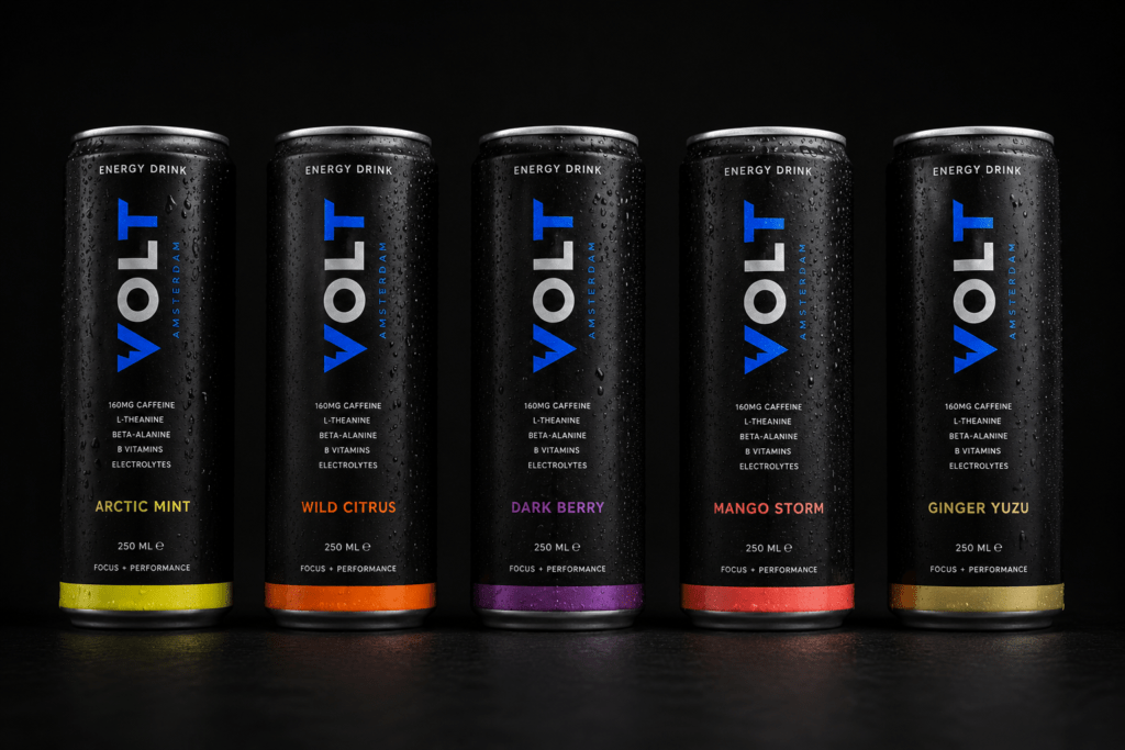 Five VOLT premium energy drink cans in precise lineup on matte black showing Arctic Mint with acid yellow Wild Citrus with orange Dark Berry with violet Mango Storm with coral and Ginger Yuzu with sage gold accent bands with condensation