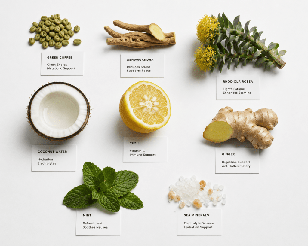 Photorealistic VOLT natural ingredient flat lay on white showing green coffee beans ashwagandha root rhodiola rosea halved coconut yuzu citrus ginger root fresh mint and sea minerals with minimal ingredient label cards