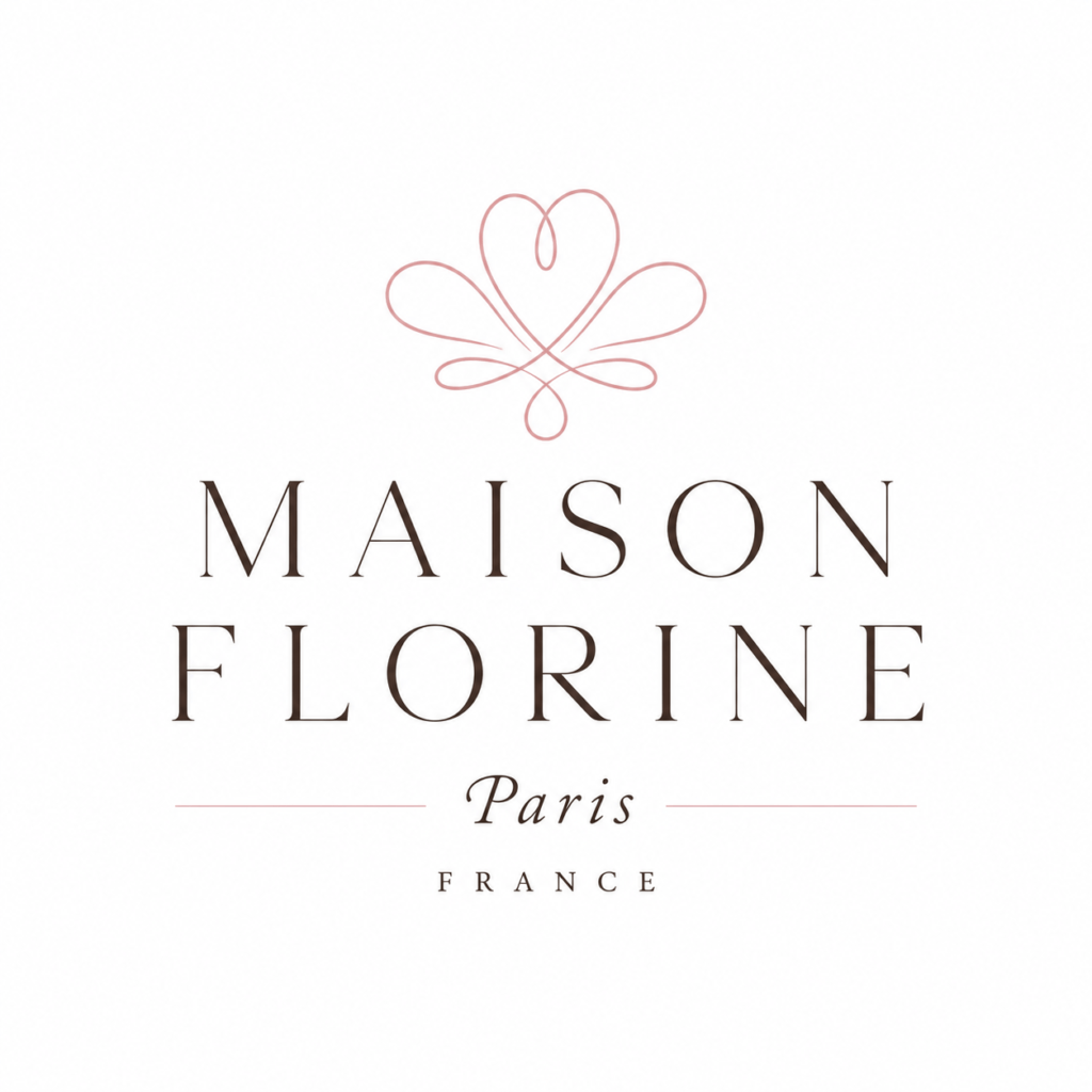 Maison Florine blush pink and chocolate brown elegant contemporary serif logo with minimal piping flourish mark for premium French pâtisserie brand Paris France