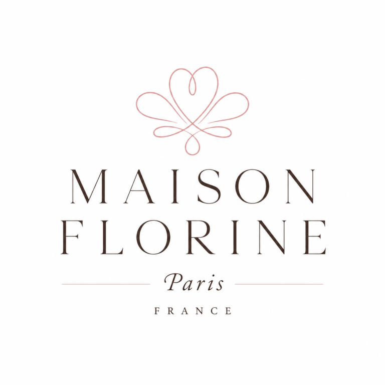 Maison Florine blush pink and chocolate brown elegant contemporary serif logo with minimal piping flourish mark for premium French pâtisserie brand Paris France