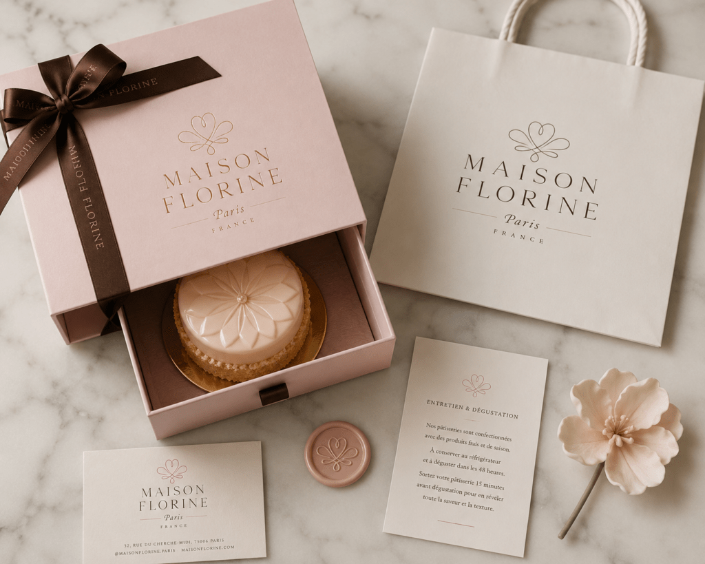 Maison Florine brand identity suite on white marble showing blush pink pastry box with ribbon and entremets inside business card boutique bag wax seal care card and sugar flower decoration