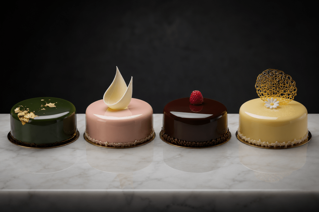 Four Maison Florine signature entremets on white marble showing architectural mousse construction with emerald green blush pink chocolate brown and citrus yellow mirror glaze finishes and decorative accents