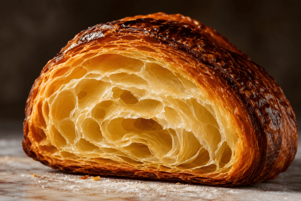 Photorealistic macro cross-section of Maison Florine croissant showing dramatic honeycomb lamination layers golden mahogany exterior leopard spot blistering and translucent interior structure with warm side lighting