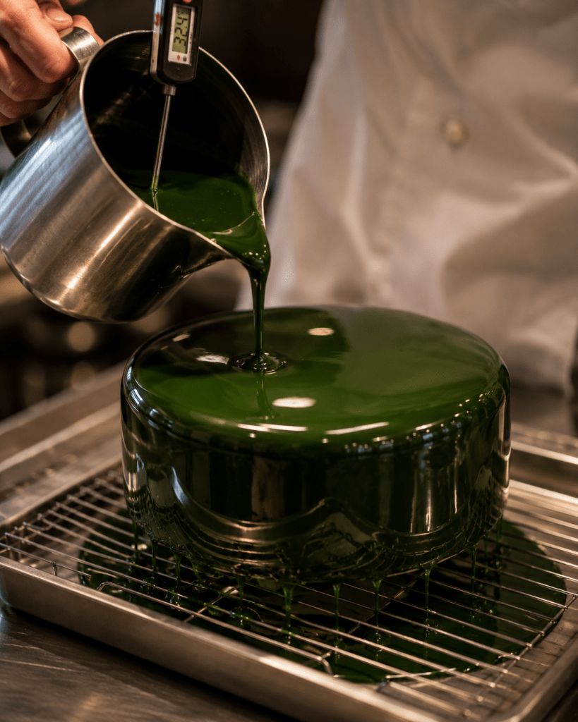 Photorealistic mirror glaze being poured over frozen entremets at Maison Florine showing glossy emerald green liquid flowing over curved surface with mirror-like reflective finish and temperature probe visible in glaze jug