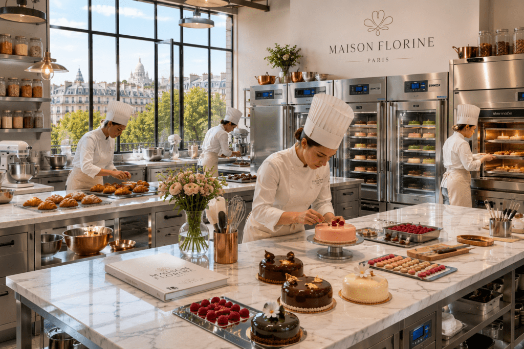 Photorealistic Maison Florine 1600sqm pâtisserie laboratoire interior in Paris with white marble benches stainless steel blast chillers viennoiserie proofing station deck oven and four pastry chefs in white coats working