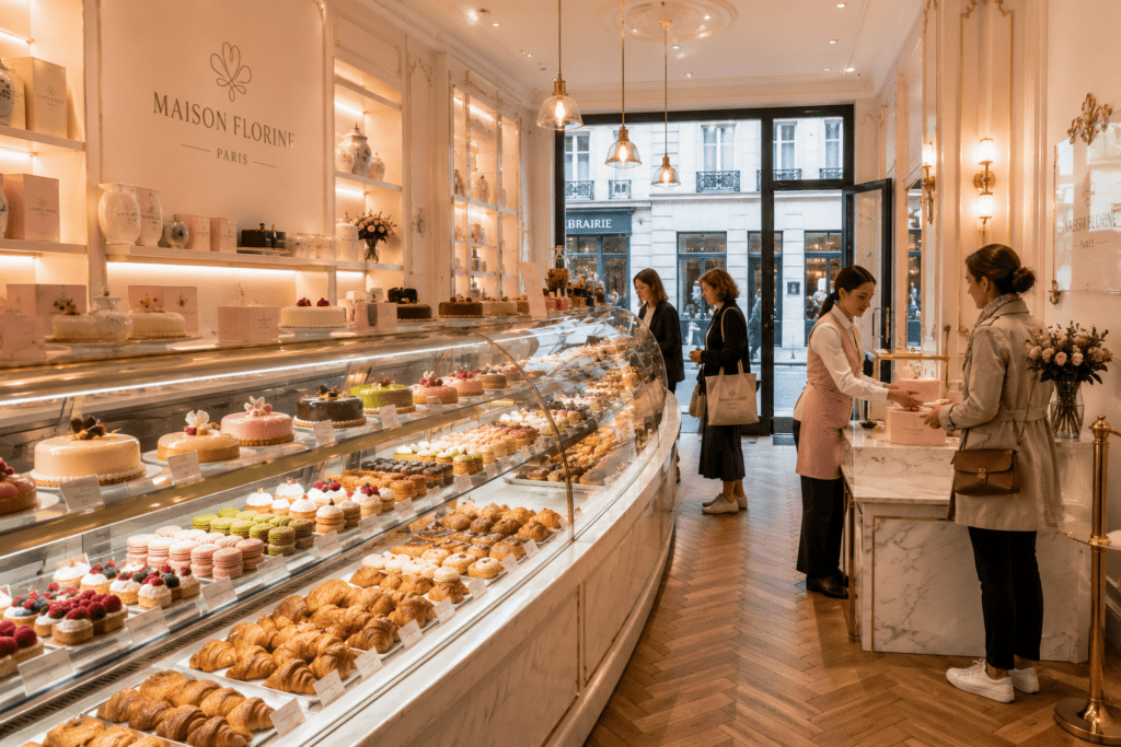 Photorealistic Maison Florine Paris boutique interior with curved brass and glass display case showing full pastry range herringbone parquet flooring blush pink walls marble counter and staff boxing pastry selection
