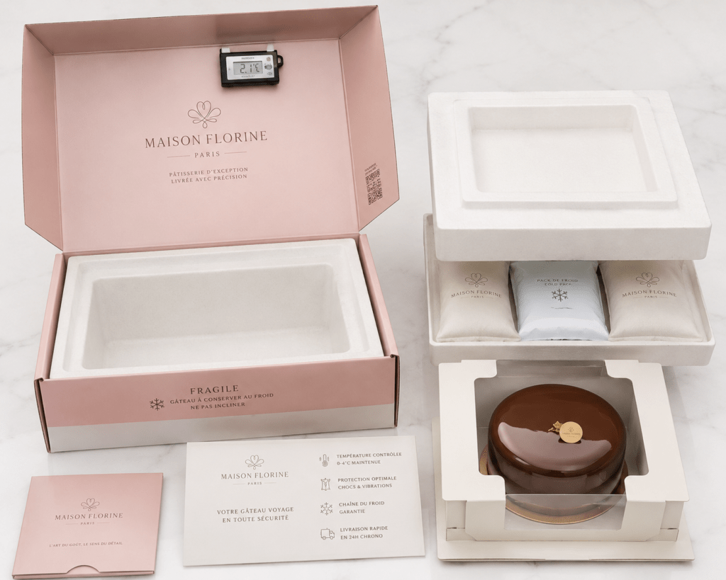 Maison Florine custom engineered shipping packaging shown opened with insulated liner frozen gel pack layer rigid cake carrier holding intact entremets with undisturbed mirror glaze and digital temperature logger