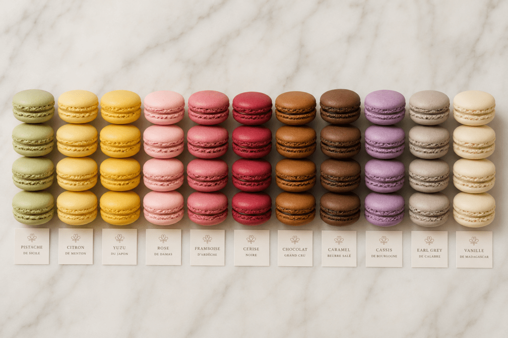 Maison Florine twelve flavour macaron collection arranged in colour graduated rows on white marble from pistachio green through lemon rose raspberry chocolate and lavender with flavour label cards