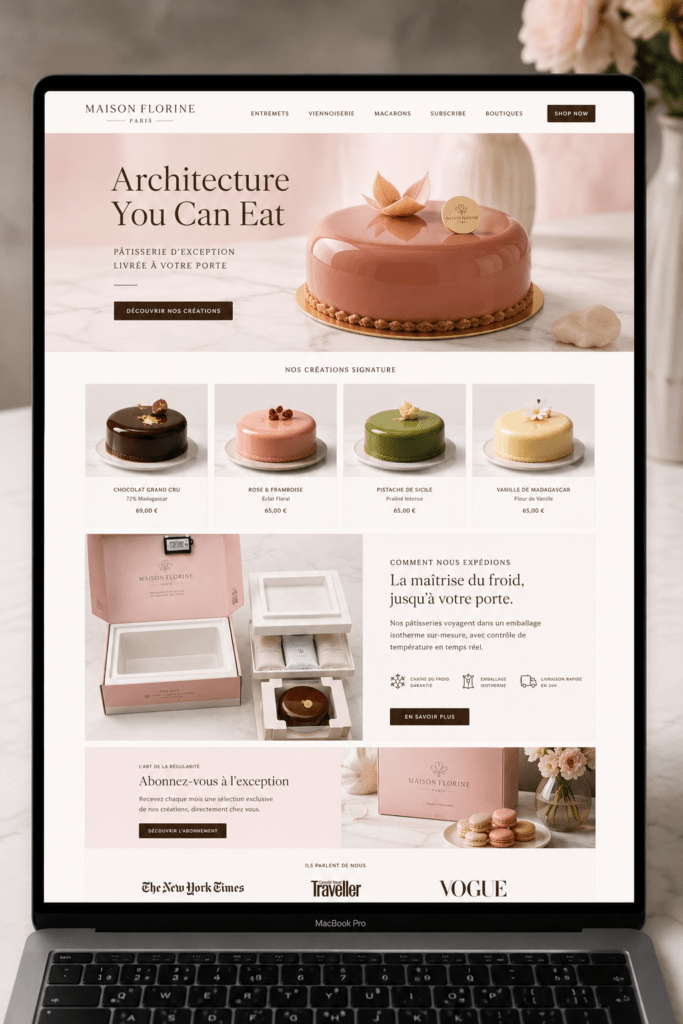 Maison Florine pâtisserie website homepage on MacBook with blush pink hero entremets photography chocolate brown headline four featured product cards shipping reassurance section subscription feature and press logos bar