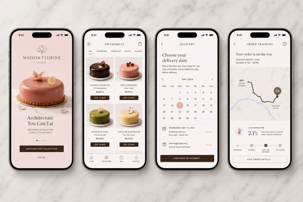 Maison Florine pâtisserie app on four iPhone screens showing onboarding product browsing grid delivery date scheduling calendar and live order tracking map with temperature indicator in blush pink chocolate brown and white