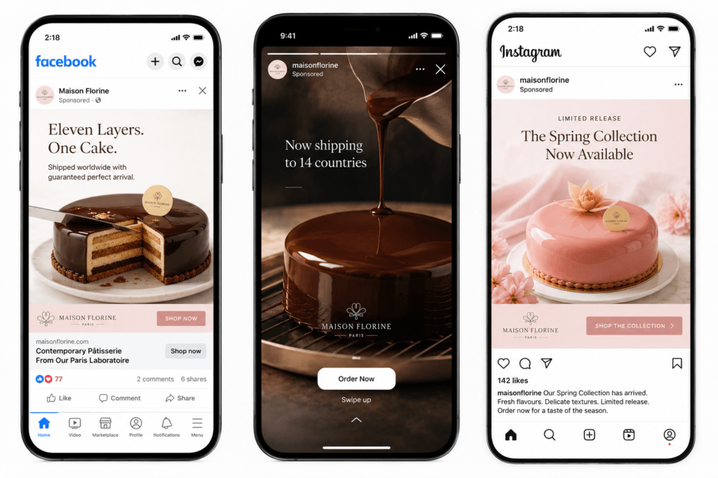 Maison Florine Meta advertising mockup showing Facebook feed ad with entremets cross-section Instagram Stories mirror glaze pour with order CTA and Instagram feed seasonal collection launch ad in blush pink chocolate brown and porcelain white
