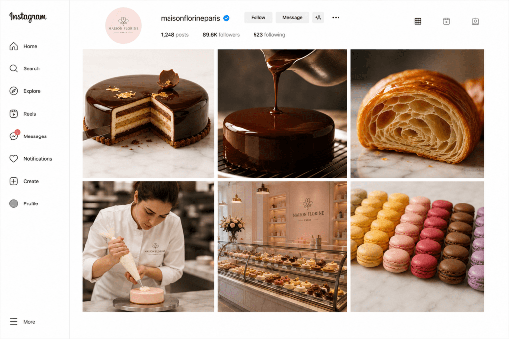 Maison Florine Instagram six post grid showing entremets slice reveal mirror glaze pour croissant cross-section pâtissier Camille piping boutique display case and macaron collection in blush pink chocolate brown and white