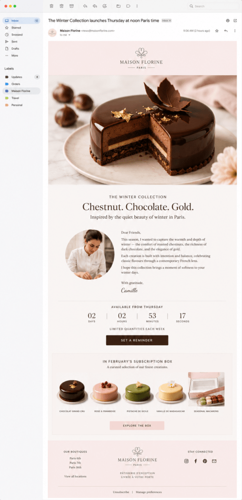 Maison Florine email newsletter on desktop with blush pink header chocolate brown logo winter collection launch feature with chestnut entremets product shot Camille's note reminder CTA and subscription box preview