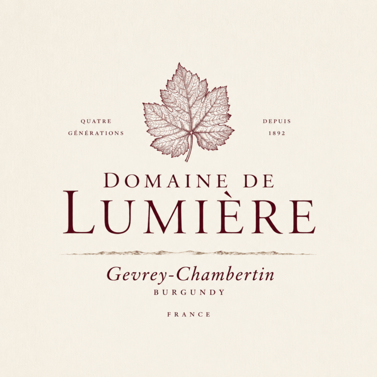 Domaine de Lumière deep Burgundy red and limestone cream classical engraved serif logo with minimal grape leaf mark for premium wine estate Gevrey-Chambertin Burgundy France