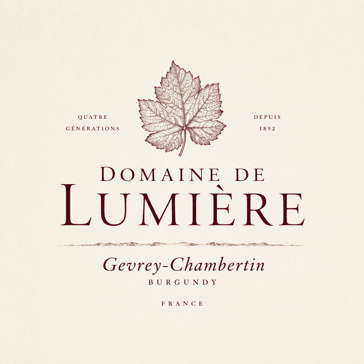 Domaine de Lumière deep Burgundy red and limestone cream classical engraved serif logo with minimal grape leaf mark for premium wine estate Gevrey-Chambertin Burgundy France