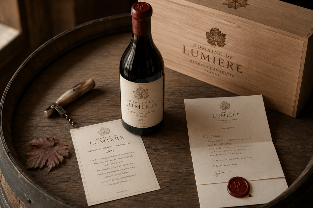 Domaine de Lumière brand identity suite on aged oak barrel head showing grand cru bottle with engraved label wax seal tasting notes card wooden wine case horn corkscrew allocation letter and dried grape leaf