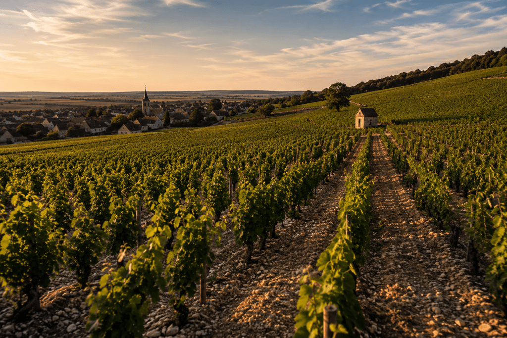Photorealistic Domaine de Lumière Pinot Noir vineyard parcel in Gevrey-Chambertin Burgundy showing limestone soil between vine rows stone vigneron hut village in background and dramatic golden hour light across the slope