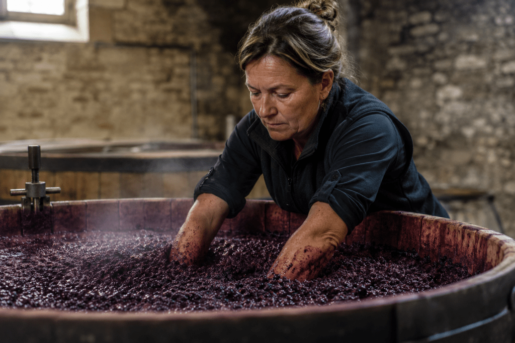Photorealistic Domaine de Lumière winemaker Hélène Rousseau performing hand punch down of fermenting Pinot Noir must in open top wooden vat with hands submerged in deep purple must and natural cuverie window light