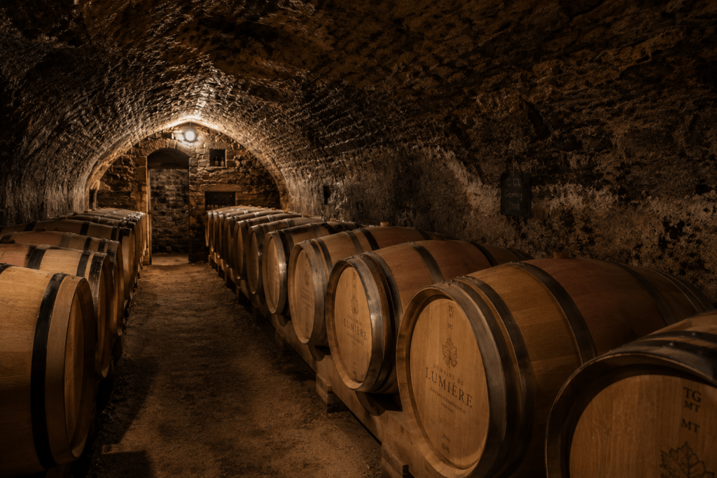 Photorealistic rows of French oak barrique barrels in traditional limestone cellar carved beneath Gevrey-Chambertin with vaulted limestone walls natural patina single tungsten light source and packed earth floor