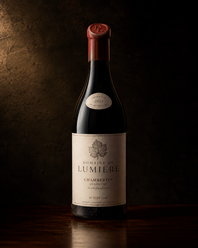 Photorealistic Domaine de Lumière Chambertin grand cru wine bottle on dark polished wood with engraved label numbered allocation marking burgundy wax seal with estate monogram and cellar dust on lower bottle in dramatic single light