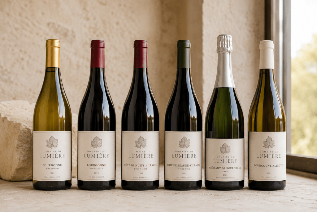 Domaine de Lumière négociant range of six wine bottles in clean lineup on limestone surface showing Bourgogne Blanc Rouge Côte de Nuits Villages Côte de Beaune Villages Crémant and Aligoté with distinct capsule colours