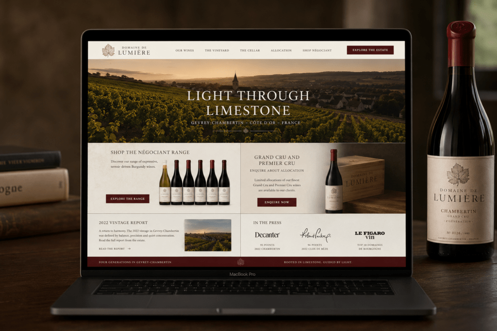 Domaine de Lumière wine estate website homepage on MacBook with Burgundy red hero vineyard golden hour photography classical serif headline split path for négociant shop and grand cru allocation enquiry and press logos bar