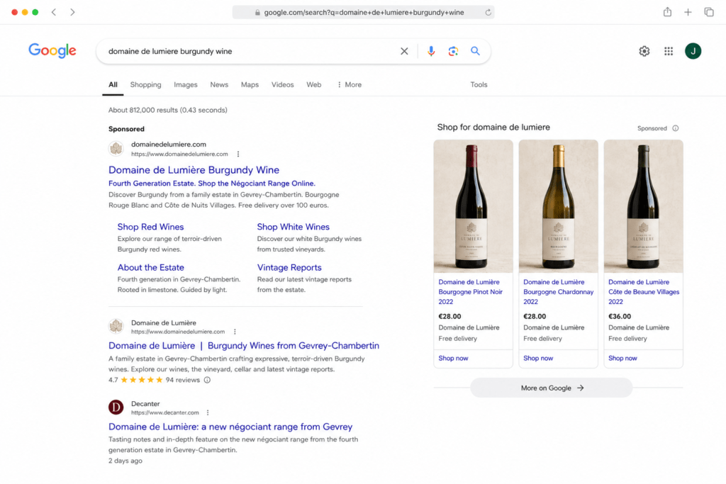 Google search results showing Domaine de Lumière paid ads for Burgundy wine négociant range with shop sitelinks and Shopping panel alongside organic position one result with four point seven star rating