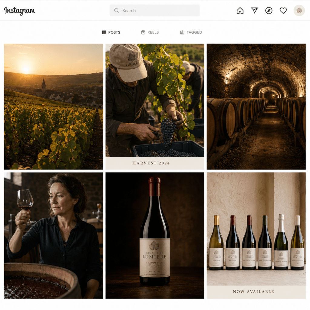 Domaine de Lumière Instagram six post grid showing vineyard landscape hand harvest limestone cellar barrels winemaker Hélène tasting grand cru bottle hero and négociant range lineup in Burgundy red limestone cream and moss green