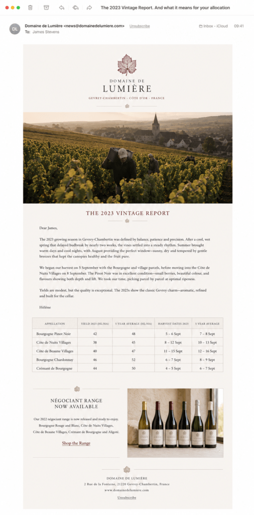  Domaine de Lumière email newsletter on desktop with limestone cream header Burgundy crest 2023 vintage report feature with harvest photograph winemaker commentary yield data table and understated négociant range link