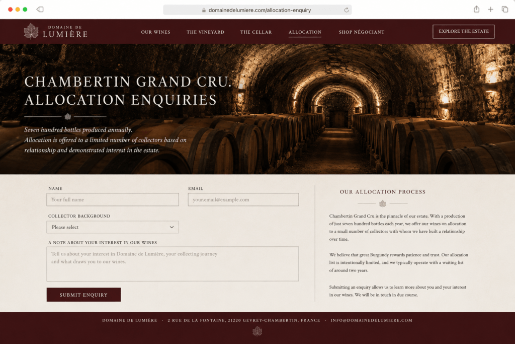 Domaine de Lumière grand cru allocation enquiry landing page showing limestone cellar photograph classical headline honest allocation process explanation and simple enquiry form without urgency tactics or false scarcity