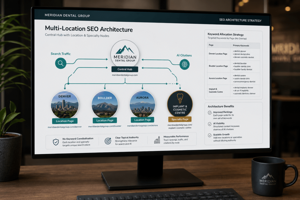 Multi-location dental SEO architecture diagram showing Denver Boulder Aurora location nodes and a separate specialty implant centre node connected to a central brand hub without keyword cannibalisation