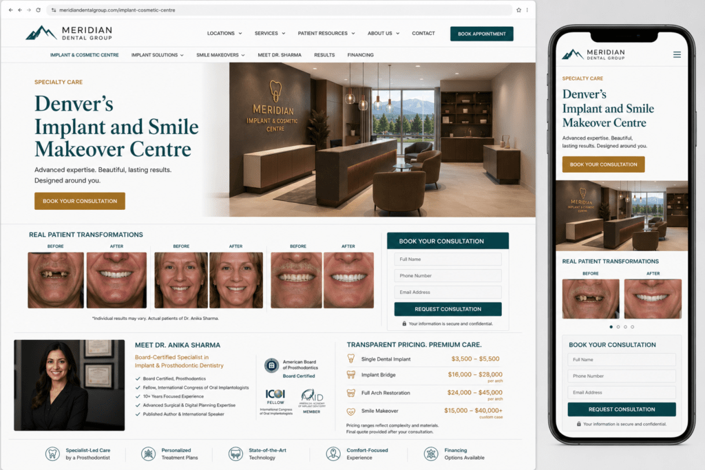 Meridian Dental Group specialty implant and cosmetic centre landing page mockup with premium gold navy design before after gallery and credentials
