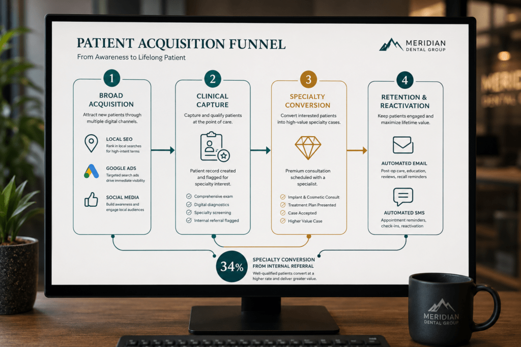 Four stage connected dental patient acquisition funnel diagram showing broad acquisition clinical capture specialty conversion and retention stages with 34 percent internal referral rate
