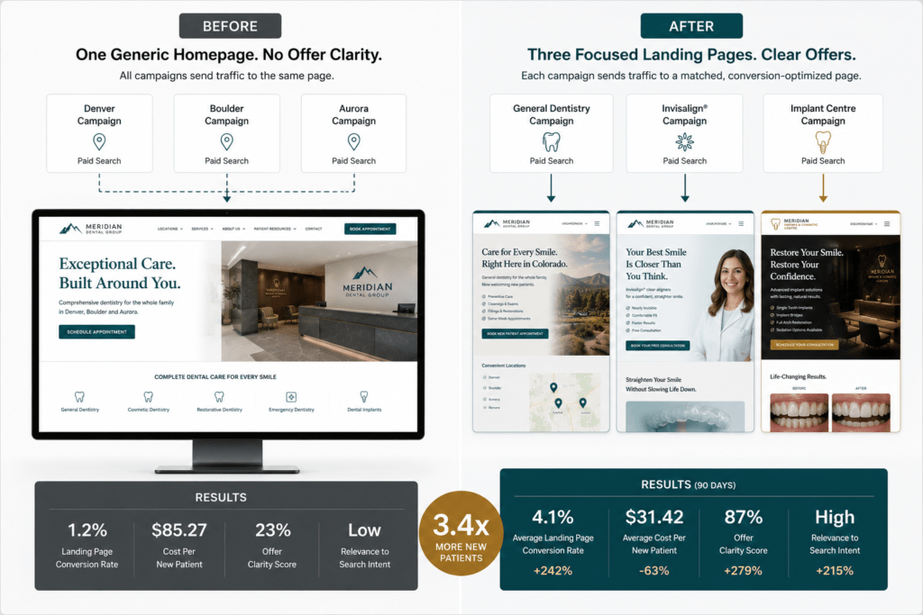 Before and after comparison of Meridian Dental Group landing page strategy showing one generic homepage versus three distinct matched campaign landing pages