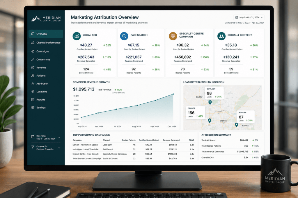 Multi-location dental group marketing attribution dashboard showing channel performance cost per booked patient and revenue growth across Denver Boulder and Aurora