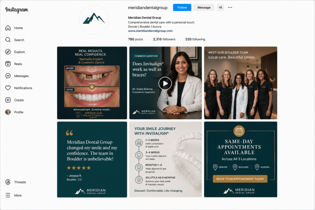 Meridian Dental Group Instagram content grid showing smile transformations clinician video team photos and patient testimonials across three locations