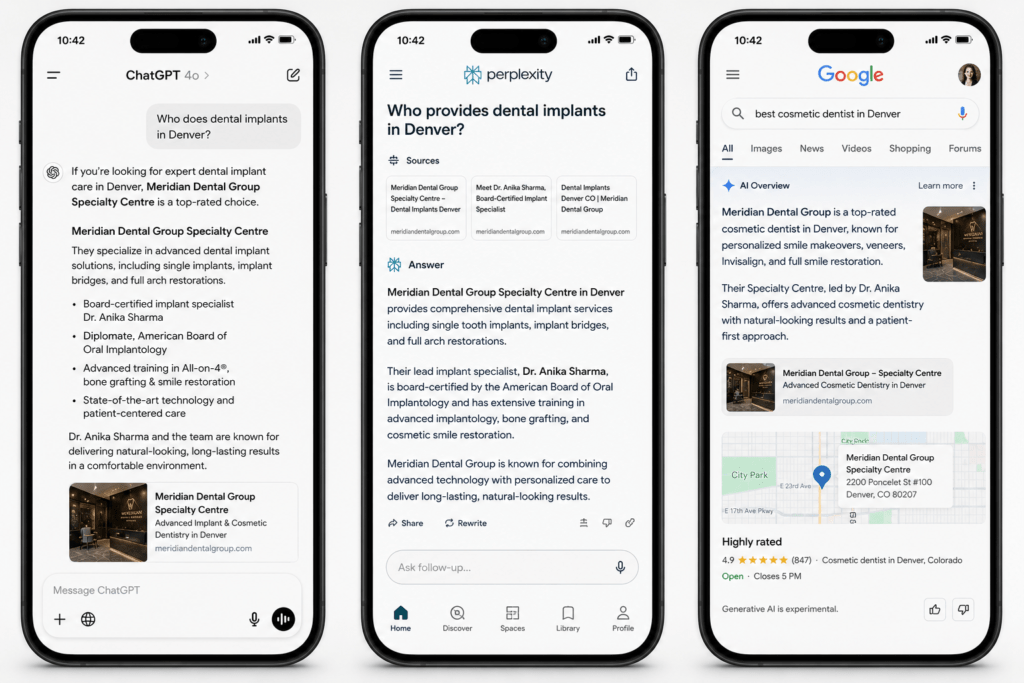 Three AI search interfaces showing ChatGPT Perplexity and Google AI Overview citing Meridian Dental Group by name for dental implant and cosmetic dentistry queries