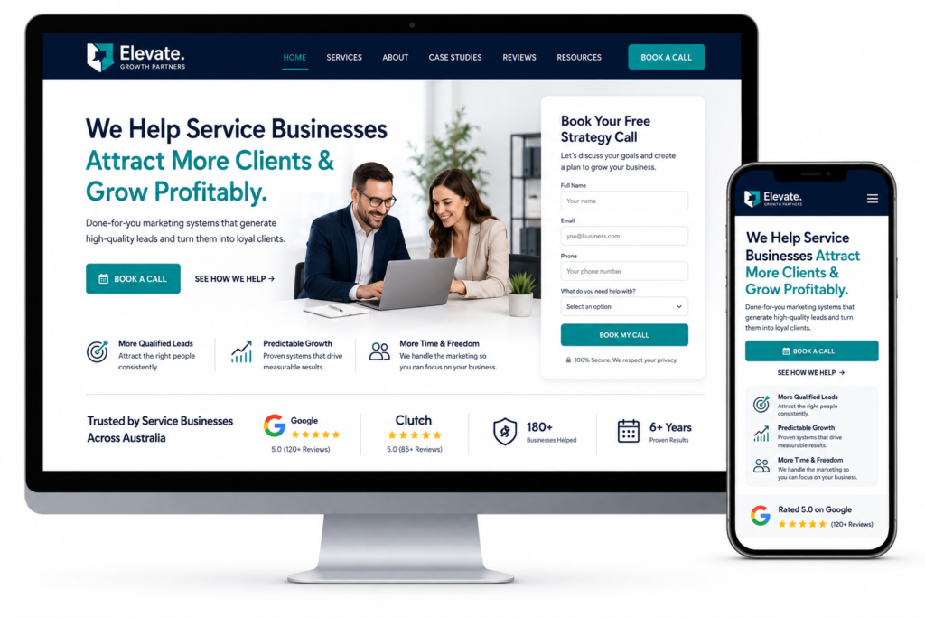 Desktop and mobile mockup of a professional service business website showing clear CTA, trust signals and contact form