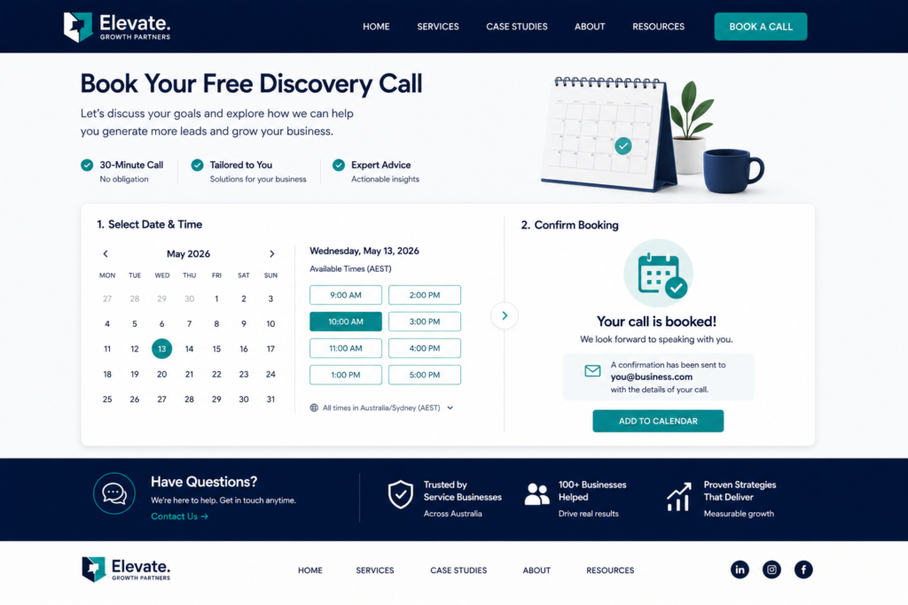 Website mockup showing an embedded online booking calendar with time slot selection and booking confirmation screen for a service business
