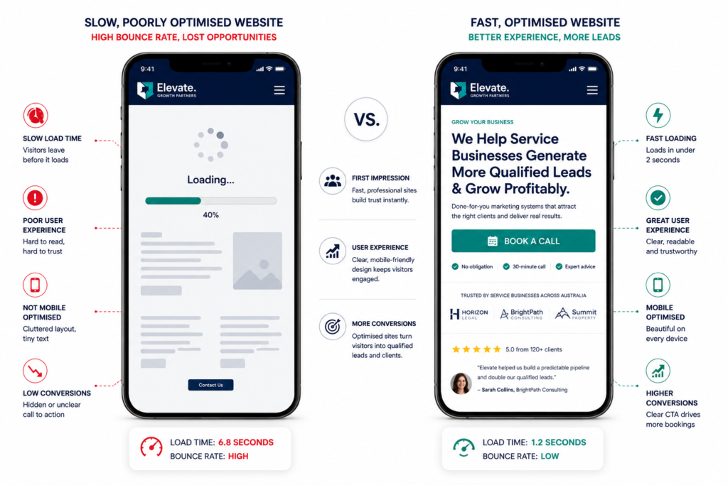 Side-by-side mobile phone comparison showing a slow poorly optimised service website versus a fast well-optimised version with clear CTA