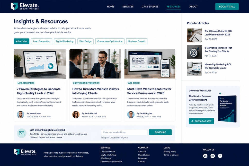 Professional services firm blog and resource section website mockup showing article cards with author attribution, category filters and lead magnet CTA