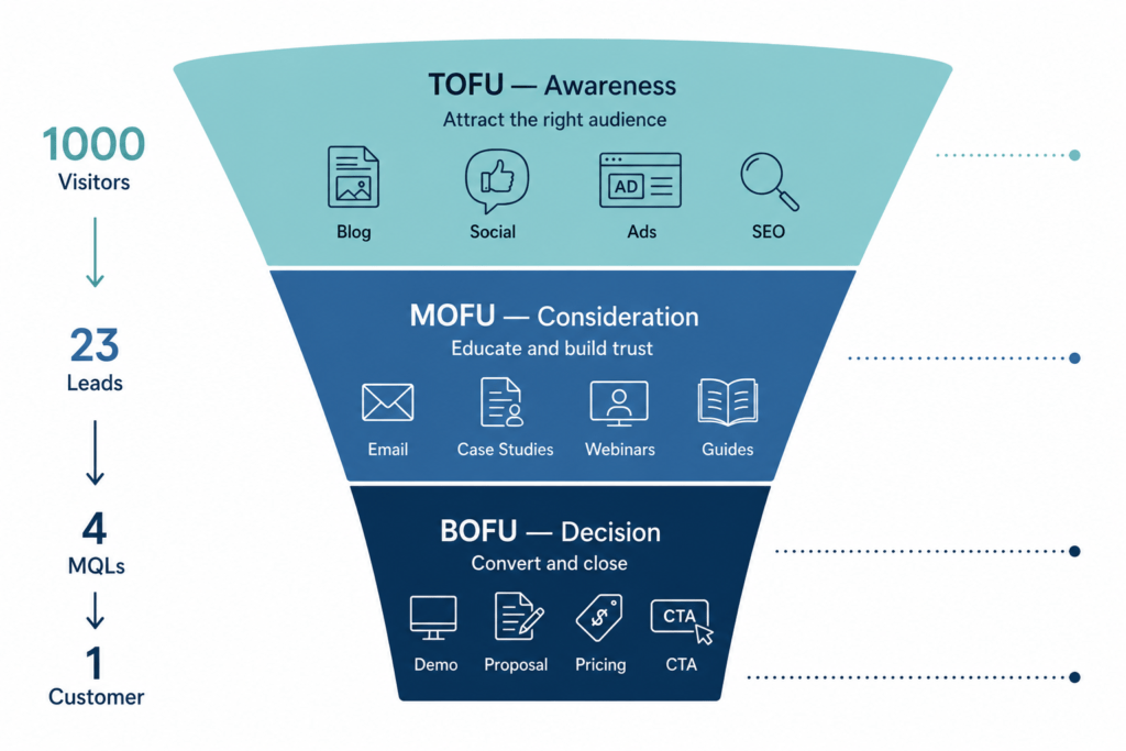 Three-stage marketing funnel diagram showing TOFU awareness with content icons, MOFU consideration with nurture icons, and BOFU decision with conversion icons, with visitor-to-customer numbers flowing down each side