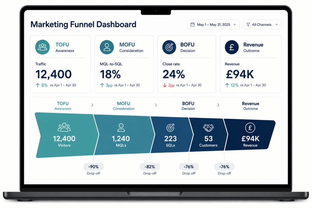 Marketing funnel metrics dashboard showing TOFU traffic, MOFU MQL-to-SQL rate, BOFU close rate and revenue panels with trend indicators and a funnel visualisation below showing stage drop-off percentages