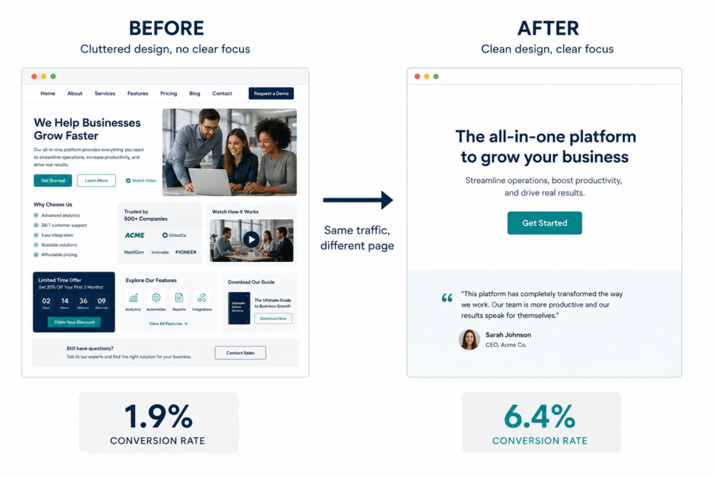 Before and after landing page comparison showing a cluttered low-converting page versus a clean high-converting page with conversion rates labelled