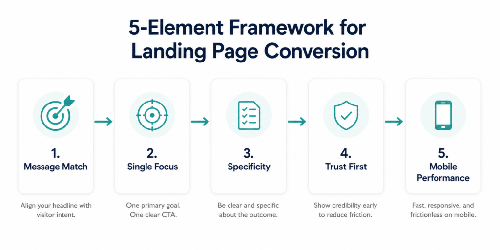 Five-node framework diagram showing the core landing page conversion principles: message match, single focus, specificity, trust first, and mobile performance