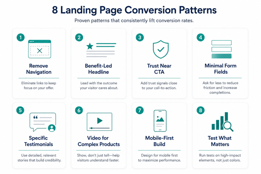 Eight-item landing page conversion pattern reference grid showing navigation removal, benefit headlines, trust placement, minimal forms, specific testimonials, video use, mobile-first design and meaningful A/B testing
